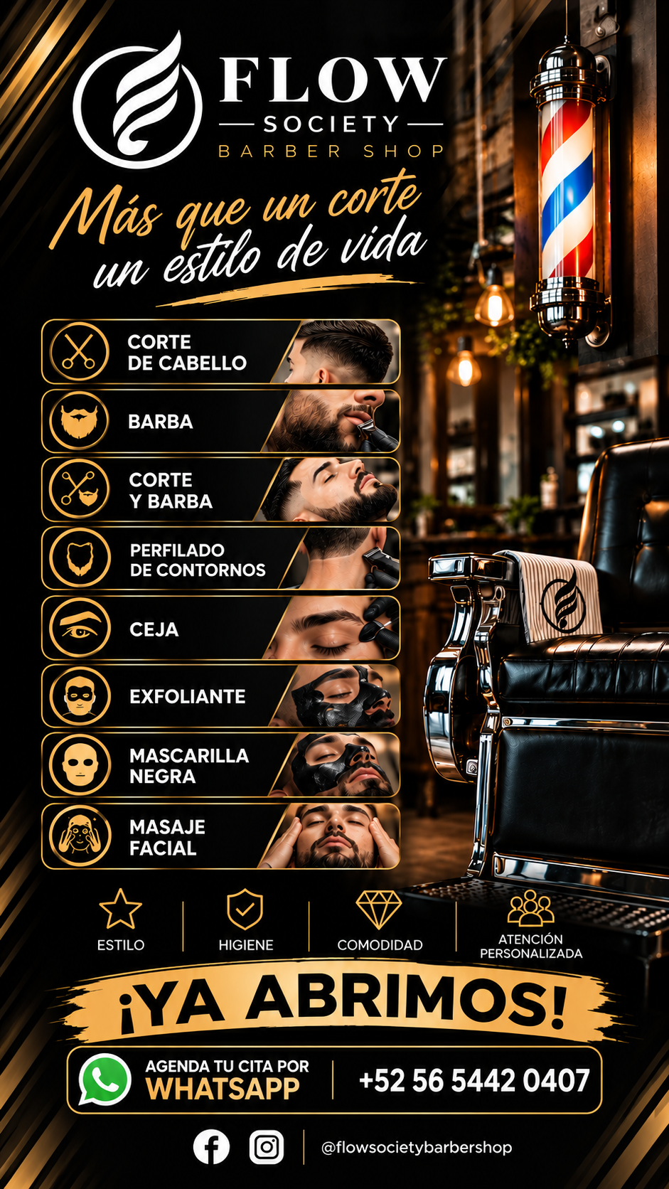 Cartel de Flow Society Barber Shop con sus servicios de corte, barba y cuidado facial